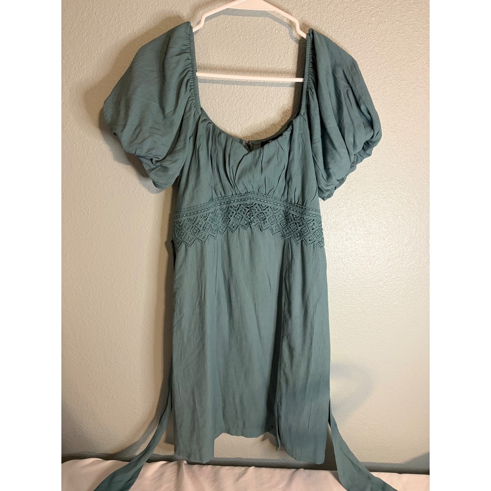 Trixxi Womens Teal Crochet Lace Empire Waist Puff Sleeve Mini Dress Size M